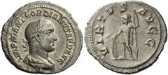 The Roman Empire Gordian II, 1st – 22nd April 238 Denarius 238, AR 3.06 g. IMP M ANT GORDIANVS AFR AVG Laureate, draped and cuirassed bust r. Rev. VIRTVS – AVGG Virtus standing l., resting r. hand on 