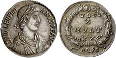 The Roman Empire Valentinian II, 375-392 Medallion of 6 siliquae, Aquileia circa 385, AR 13.58 g. D N VALENTINI - ANVS P F AVG Pearl-diademed, draped and cuirassed bust r. Rev. VOT/X/MVLT/XX within wr