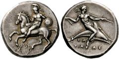 Greek Coins Calabria, Tarentum. Nomos circa 355-340 BC, AR 7.89 g. Description Helmeted and naked horseman holding shield and vaulting from horse prancing l.; beneath horse, wreath. Rev. TAPAS Dolphin