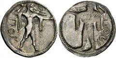 Greek Coins Lucania, Poseidonia. Nomos circa 530-500 BC, AR 6.49 g. Description ΠOS Poseidon, nude but for chlamys draped over his arms, standing r., hurling trident held aloft in r. hand, l. arm exte