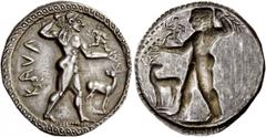 Greek Coins Bruttium, Caulonia. Nomos circa 525-500 BC, AR 8.07 g. Description KAVL Apollo, diademed, walking r., holding laurel branch in upraised r. hand and small running daimon who holds long bran