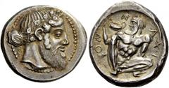 Greek Coins Sicily, Naxos. Tetradrachm circa 460 BC, AR 17.25 g. Description Bearded and ivy-wreathed head of Dionysos r., his hair tied in krobylos at back of neck. Rev. Ν – ΑXΙ – ΟΝ Silenos, nude an