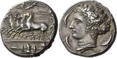 Greek Coins Sicily, Syracuse. Decadrachm signed by Kimon circa 404-400 BC, AR 43.21 g. Description Fast quadriga driven l. by charioteer, holding reins and kentron ; in field above, Nike flying r. to 