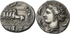 Greek Coins Sicily, Syracuse. Decadrachm, unsigned work by Euainetos, circa 400 BC, AR 43.33 g. Description Fast quadriga driven l. by charioteer, holding reins and kentron ; in field above, Nike flyi
