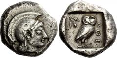 Greek Coins Attica, Athens, Civic Mint. Tetradrachm circa 500-490 BC, AR 17.60 g. Description Head of Athena r. wearing crested Attic helmet. Rev. AQE Owl standing r. with closed wings, head facing; o