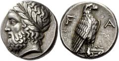 Greek Coins Olympia, Elis. Tetradrachm circa 356 BC, the 106th Olympiad, AR 12.26 g. Description Laureate head of Zeus l. Rev. F – A Eagle standing r., with closed wings, on Ionic capital. References 
