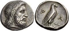 Greek Coins Olympia, Elis. Tetradrachm stater 348 BC, the 108th Olympiad, AR 12.16 g. Description Laureate head of Zeus r. Rev. F – A Eagle, with closed wings, standing r. on Ionic capital; in lower r