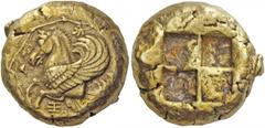 Greek Coins Mysia, Lampsacus. Stater circa 412 BC, EL 15.18 g. Description Forepart of Pegasus l., below, ‡. All within vine wreath. Rev. Quadripartite incuse square. References Traité II 327 and pl. 