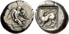 Greek Coins Uncertain Dynast of Caria. Stater, "Mint B" circa 450 BC, AR 11.74 g. Description Naked male deity, with wings at shoulders and heels, running r.; above l. shoulder, mono­gram (possibly o-