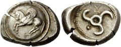 Greek Coins Dynasts of Lycia, Khinakha (?), circa 500-400 BC. Stater, uncertain mint circa 500-440 BC, AR 9.96 g. Description Pegasus flying l. on round shield. Rev. Triskeles; between the arms, pelle