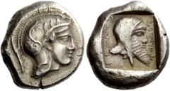 Greek Coins Dynasts of Lycia, Kherei, circa 410-390 BC. Stater, Xanthos circa 410-390 BC, AR 8.63 g. Description Helmeted head of Athena r., bowl decorated with spiral and three olive leaves. Rev. khe