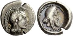 Greek Coins Dynasts of Lycia, Kherei, circa 410-390 BC. hemidrachm, Pinara circa 410-390 BC, AR 2.15 g. Description Helmeted head of Athena r., bowl decorated with spiral and three olive leaves; in l.