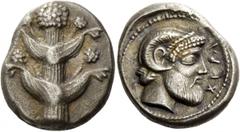 Greek Coins Cyrenaica, Cyrene. Tetradrachm circa 480-435 BC, AR 16.39 g. Description Silphium plant with two pairs of leaves and five umbels. Rev. XVPA retrograde (sic!) Pearl-diademed, bearded and ho