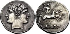 The Roman Republic Quadrigatus, Roma circa 225-214, AR 6.64 g. Description: Laureate Janiform head of Dioscuri. Rev. Jupiter, holding sceptre and hurling thunderbolt, in fast quadriga r. driven by Vic