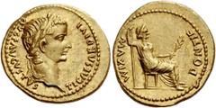 The Roman Empire Tiberius, 14 – 37. Aureus, Lugdunum 14-37, AV 7.87 g. Description: TI CAESAR DIVI – AVG F AVGVSTVS Laureate head r. Rev. PONTIF MAXIM Pax-Livia figure seated r. on chair with plain le