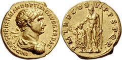 The Roman Empire Trajan, 98 – 117. Aureus, Roma 114-115, AV 7.19 g. Description: IMP CAES NER TRAIANO OPTIMO AVG GER DAC Laureate, draped and cuirassed bust r. Rev. P M TR P COS VI P·P·S·P·Q·R Jupiter