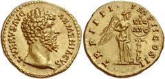 The Roman Empire Lucius Verus, 161-169. Aureus, Roma 163-164, AV 7.24 g. Description: L VERVS AVG – ARMENIACVS Bare head r. Rev. TR P IIII – IMP II COS II Victory, half-draped, standing r., placing a 