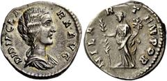 The Roman Empire Didia Clara, daughter of Didius Julianus. Denarius, Roma 193, AR 3.28 g. Description: DIDIA CLA – RA AVG Draped bust r. Rev. HILA – R – TEMPOR Hilaritas standing l., holding long palm