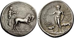 Greek Coinage Selinus Tetradrachm circa 440, AR 16.87 g. Slow quadriga driven r. by Artemis, holding reins in both hands; beside her Apollo r., shooting arrow from bow. In exergue, barley-grain. Rev. 