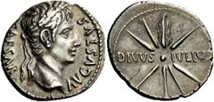 The Roman Empire Octavian as Augustus, 27 BC – 14 AD Denarius, Caesaraugusta (?) circa 19–18 BC, AR 3.57 g. CAESAR – AVGVSTVS Oak-wreathed head r. Rev. DIVVS – IVLIVS Eight-rayed comet with tail upwar