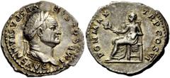 The Roman Empire Vespasian, 69 – 79 Denarius 75, AR 3.51 g. IMP CAESAR – VESPASIANVS AVG Laureate head r. Rev. PON MAX – TR P COS VI Pax seated l., holding branch. C 366. BMC 161. RIC 772. CBN 139. Li