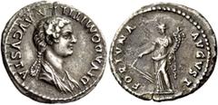 The Roman Empire Diva Domitilla the younger, daughter of Vespasian Denarius 82-83, AR 3.40 g. DIVA DOMITILLA AVGVSTA Draped bust r., hair in long plait at back. Rev. FORTVNA – AVGVST Fortuna standing 