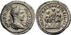 The Roman Empire Caracalla, 198 – 217 Denarius 201-206, AR 3.57 g. ANTONINVS – PIVS AVG Laureate and draped bust r. Rev. IMP ET CAESAR AVG FILI COS Caracalla and Geta seated facing on curule chairs on