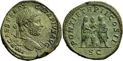 The Roman Empire Geta augustus, 209 – 212 Sestertius late 210, Æ 23.12 g. IMP CAES P SEPT – GETA PIVS AVG Laureate bust r., with drapery on l. shoulder. Rev. PONTIF TR P II COS II Caracalla and Geta s