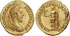 The Roman Empire Commodus, sole reign 180 – 192. Aureus 187-188, AV 7.28 g. M COMM ANT P – FEL AVG BRIT Laureate, draped and cuirassed bust r. Rev. VIRTVT AVG P M TR P XII IMP VIII COS V P P Virtus st