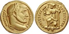 The Roman Empire Maxentius princeps, 306 – 307. Aureus late 306 – early spring 307, AV 5.28 g. MAXENTIVS – PRINC INVICT Laureate head r. Rev. CONSERVAT – O – R VRBIS SVAE Roma seated l. on shield, hol