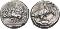 Greek Coins Sicily, Agrigentum. Tetradrachm circa 407, AR 17.22 g. Prancing quadriga driven l. by Nike holding kentron and reins; beneath the further horse loose bridle. Above, tablet inscribed ΑΚΡΑΓ 