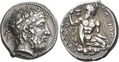 Greek Coins Naxos. Tetradrachm, circa 415, AR 17.14 g. Bearded head of Dionysus r., hair bound with stephane adorned with ivy-wreath. Rev. Bearded, naked Silenus, with pointed ears, ruffled hair and l