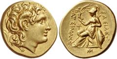 Greek Coins Kings of Thrace, Lysimachus 323 – 281. Stater, uncertain mint circa 297-281, AV 8.20 g. Diademed head of deified Alexander r., with the horn of Ammon. Rev. ΒΑΣΙΛΕΩΣ – ΛΥΣΙΜΑΧΟΥ Athena enth