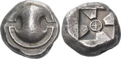 Greek Coins Boeotia, Thebes. Stater, circa 480-460, AR 12.23 g. Boiotian shield. Rev. Square incuse with anticlockwise mill-sail pattern; + in centre. Head, Boeotia p. 16, vii, pl. I, 7. De Sartiges 2