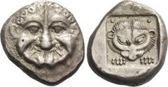 Greek Coins Attica, Athens. Tetradrachm of the "Wappenmünzen series" circa 515, AR 17.15 g. Gorgoneion with open mouth and protruding tongue. Rev. Facing head and forepaws of panther within incuse squ