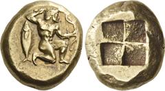 Greek Coins Mysia, Cyzicus. Stater, circa 500-475, EL 16.08 g. Heracles kneeling r., holding club over his head and bow; behind, tunny fish upright. Rev. Quadripartite incuse square. von Fritze 106. B