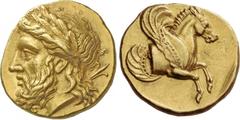 Greek Coins Lampsacus. Stater, circa 350, AV 7.90 g. Laureate head of Zeus l., with lotus-tipped sceptre on far shoulder. Rev. Forepart of Pegasus r.; all within shallow and partially incuse square. B