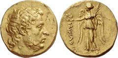 The Roman Republic Ti. Quinctius Flamininus. Stater, Chalkis (?) circa 196, AV 8.45 g. Bare head of Titus Quinctius Flamininus r. Rev. Nike, standing l., holding palm branch in l. hand and crowning wi