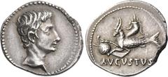 The Roman Empire Octavian as Augustus, 27 BC – 14 AD. Denarius, Colonia Patricia (?) circa 18-17/16 BC, AR 3.83 g. Bare head r. Rev. Capricorn l., holding globe attached to rudder, cornucopiae above i