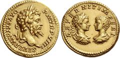 The Roman Empire Septimius Severus, 193 – 211. Aureus 201, AV 7.24 g. SEVERVS PIVS AVG – P M TR P VIIII Laureate head of Septimius Severus r. Rev. AETERNIT IMPERI Confronted busts of Caracalla, l., la