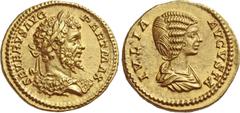 The Roman Empire Septimius Severus, 193 – 211. Aureus 201, AV 7.34 g. SEVERVS AVG – PART MAX Laureate bust of Septimius Severus r., draped in lion-skin. Rev. IVLIA – AVGVSTA Draped bust of Julia Domna