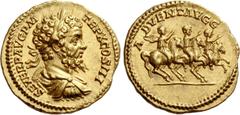 The Roman Empire Septimius Severus, 193 – 211. Aureus 202, AV 7.19 g. SEVER P AVG P M – TR P X COS III Laureate, draped and cuirassed bust r. Rev. A – DVENT AVGG Severus, Caracalla and Geta galloping 
