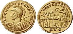 The Roman Empire Probus, 276 – 282. Aureus, Serdica 280, AV 6.65 g. IMP C M AVR PROBVS P – AVG Helmeted and cuirassed bust l., holding spear over r. shoulder and shield. Rev. VICTORIAE Victory in slow