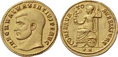 The Roman Empire Maxentius, 307 – 312. Quaternio circa 308, AV 21.41 g. IMP C M VAL MAXENTIVS P F AVG Bare head l. Rev. Roma, holding Victory on globe and sceptre, seated on shield decorated with she-