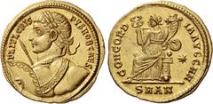 The Roman Empire Crispus caesar, 317 – 326. Solidus, Antiochia 324-325, AV 4.46 g. FL IVL CRIS – PVS NOB CAES Laureate and nude bust l., seen from behind, shield on l. arm held by baldric and spear po