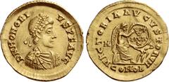 The Roman Empire Honorius, 393 – 423. Semissis, Mediolanum 395-402, AV 2.23 g. D N HONORI – VS P F AVG Pearl-diademed, draped and cuirassed bust r. Rev. VICTORIA AVGVSTORVM M – D Victory seated r. on 