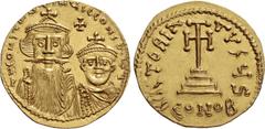 The Byzantine Empire Constans II, 641 – 668 and associate rulers from 654. Solidus 654-659, AV 4.26 g. d N CONSTANTINЧS CCONSTANT Facing busts of Constans on l. and Constantine IV on r., each wearing 