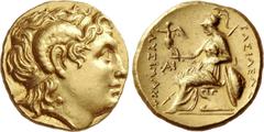 Greek Coinage Kings of Thrace, Lysimachus, 323 – 281 and posthumous issues. Stater, uncertain mint circa 323-281, AV 8.56 g. Diademed head of deified Alexander III r., with horn of Ammon. Rev. Athena 