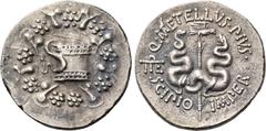 Greek Coinage Pergamum under the Romans. Q. Caecilius Metellus Pius Scipio. Cistophoric tetradrachm circa 49-48, AR 11.83 g. Serpents emerging from cista mistica; all within wreath. Rev. Two serpents 