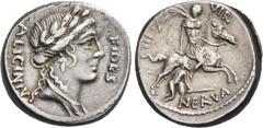 Roman Republican Coinage A. Licinius Nerva. Denarius 47, AR 4.08 g. A·LICINIVS – FIDES Laureate head of Fides r. Rev. ·III – VIR Horseman galloping r., with r. hand dragging by the hair naked warrior,